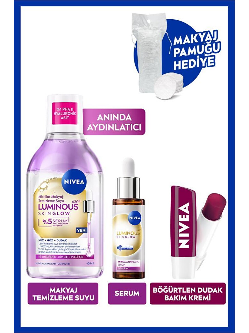 Skin Glow Parlaklık Etkili Micellar Makyaj Temizleme Suyu, Cilt Serumu,böğürtlen Dudak Krem Ve Pamuk