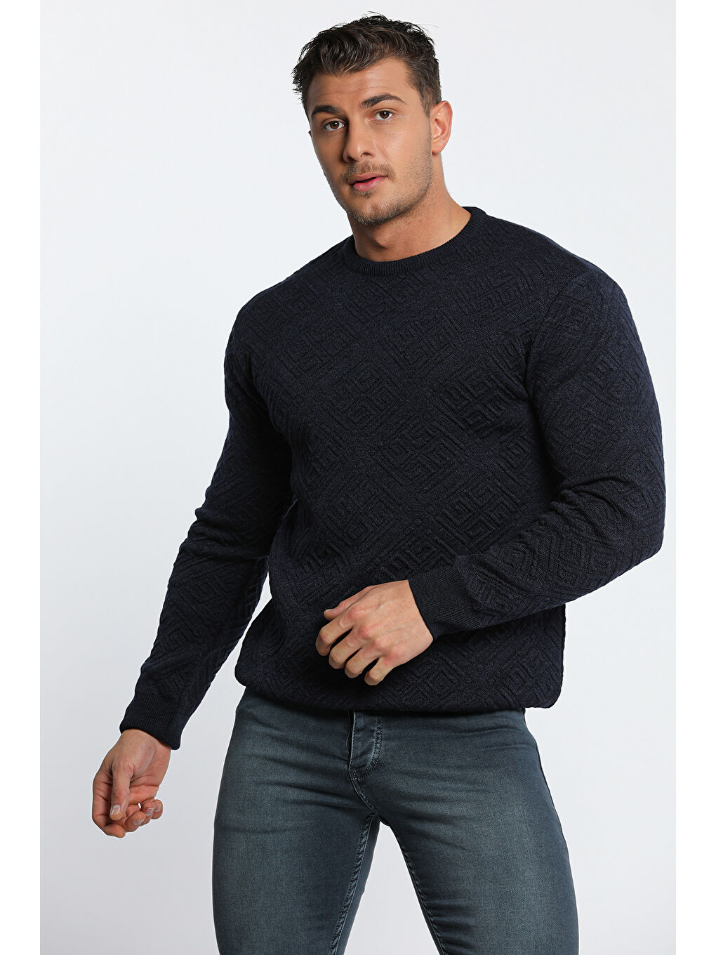 Lacivert Erkek Bisiklet Yaka Desenli Triko Kazak