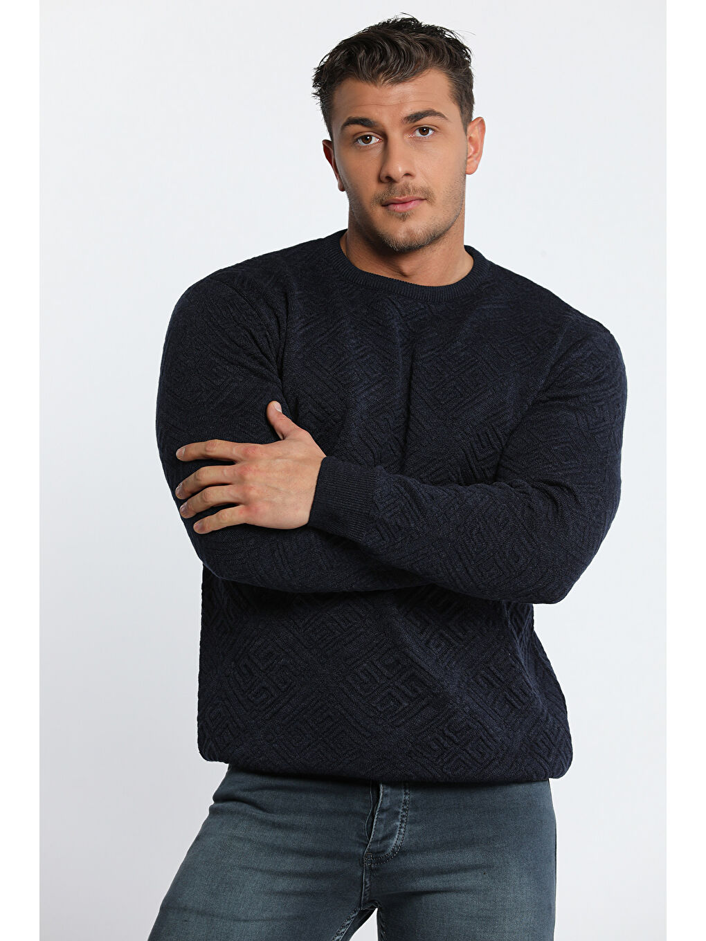 Lacivert Erkek Bisiklet Yaka Desenli Triko Kazak-1