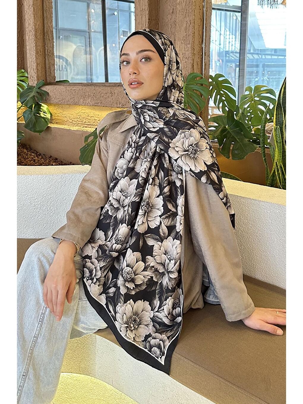 Lotus Desen Bambu Şal Siyah Vizon