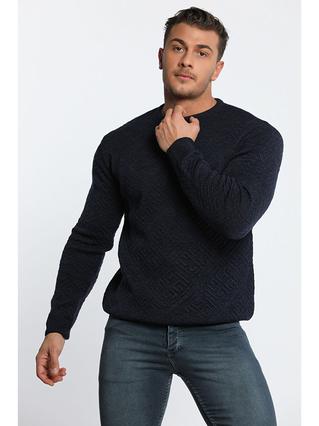 Lacivert Erkek Bisiklet Yaka Desenli Triko Kazak-2