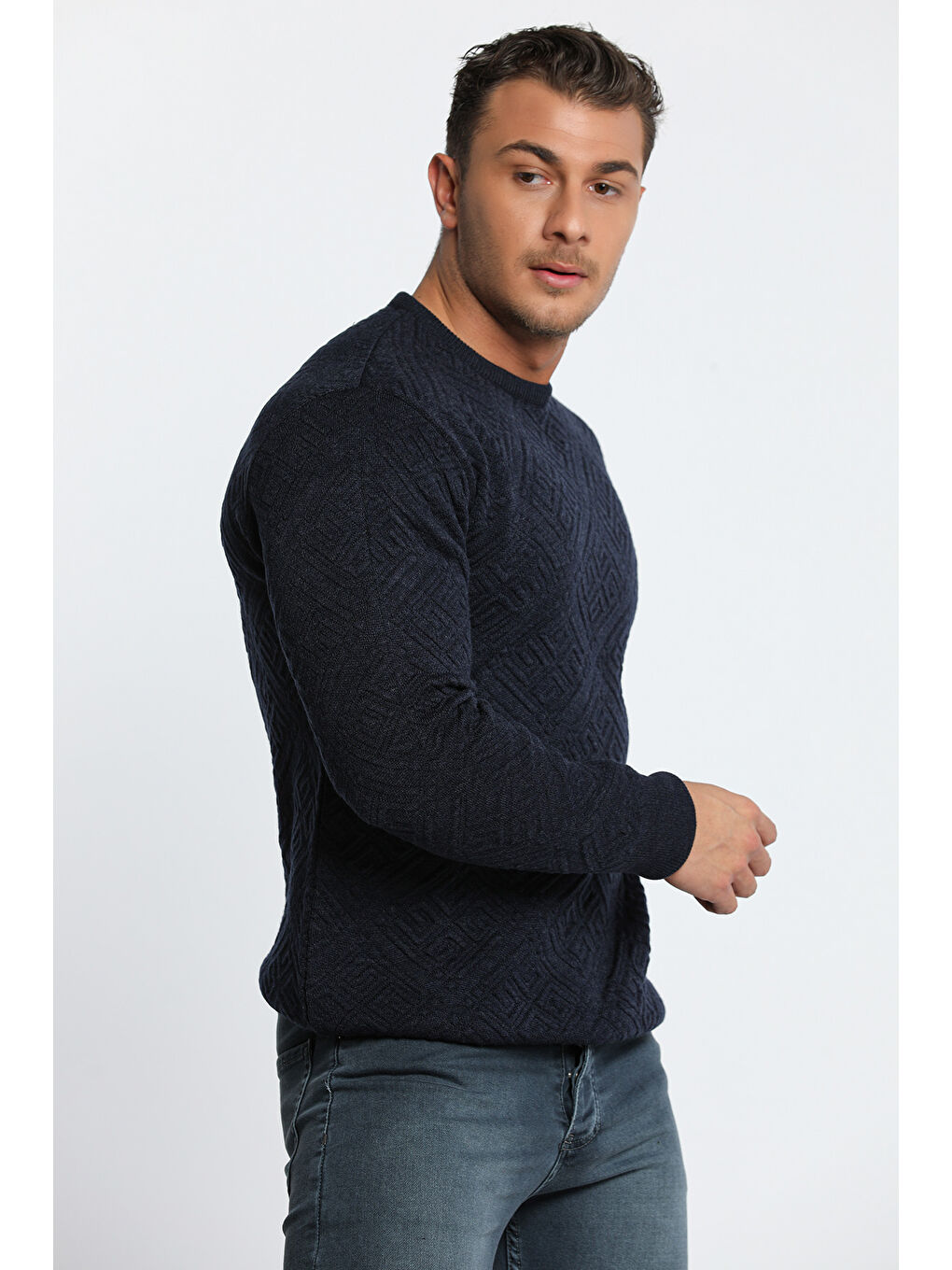 Lacivert Erkek Bisiklet Yaka Desenli Triko Kazak-3