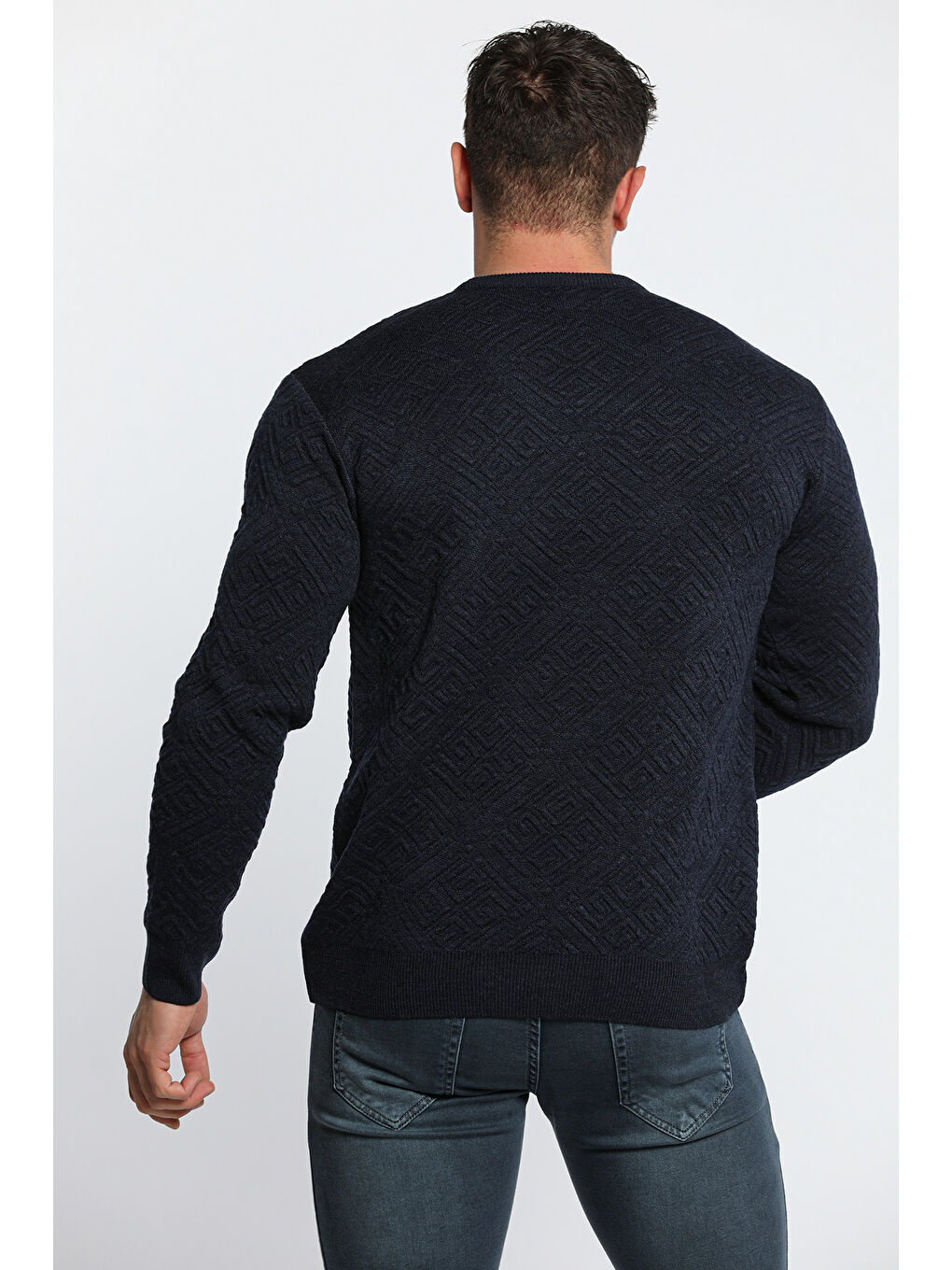 Lacivert Erkek Bisiklet Yaka Desenli Triko Kazak-4