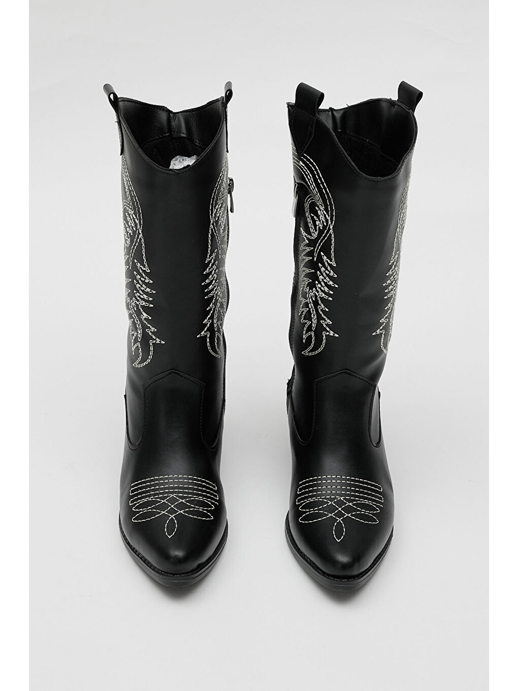 Kadın Siyah Beyaz Termo Taban Nakış İşlemeli Fermuarlı Topuklu Western Kovboy Bot-2