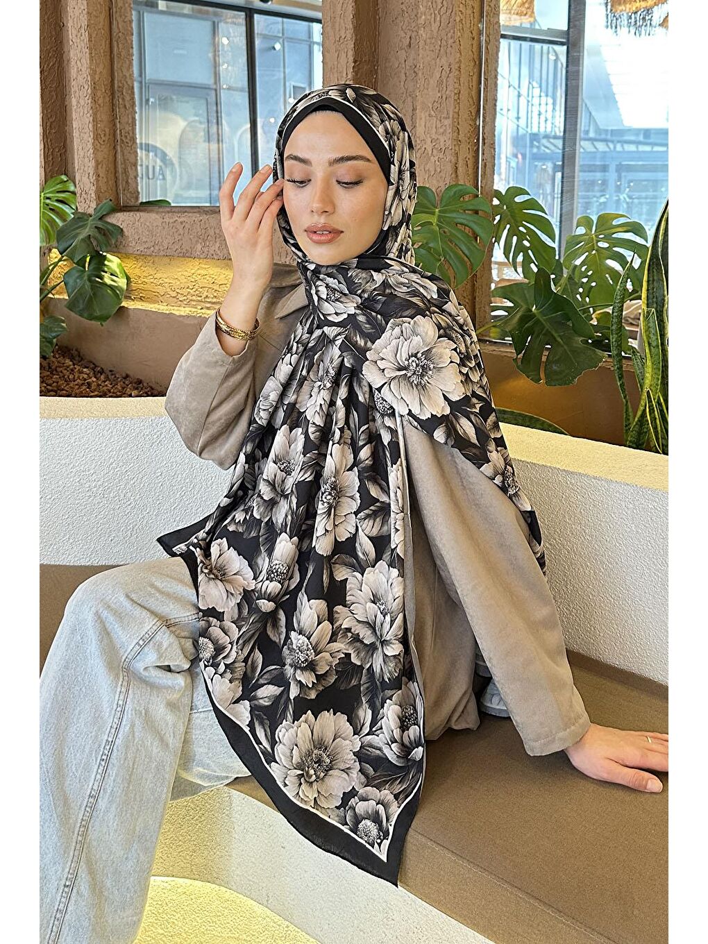 Lotus Desen Bambu Şal Siyah Vizon-2