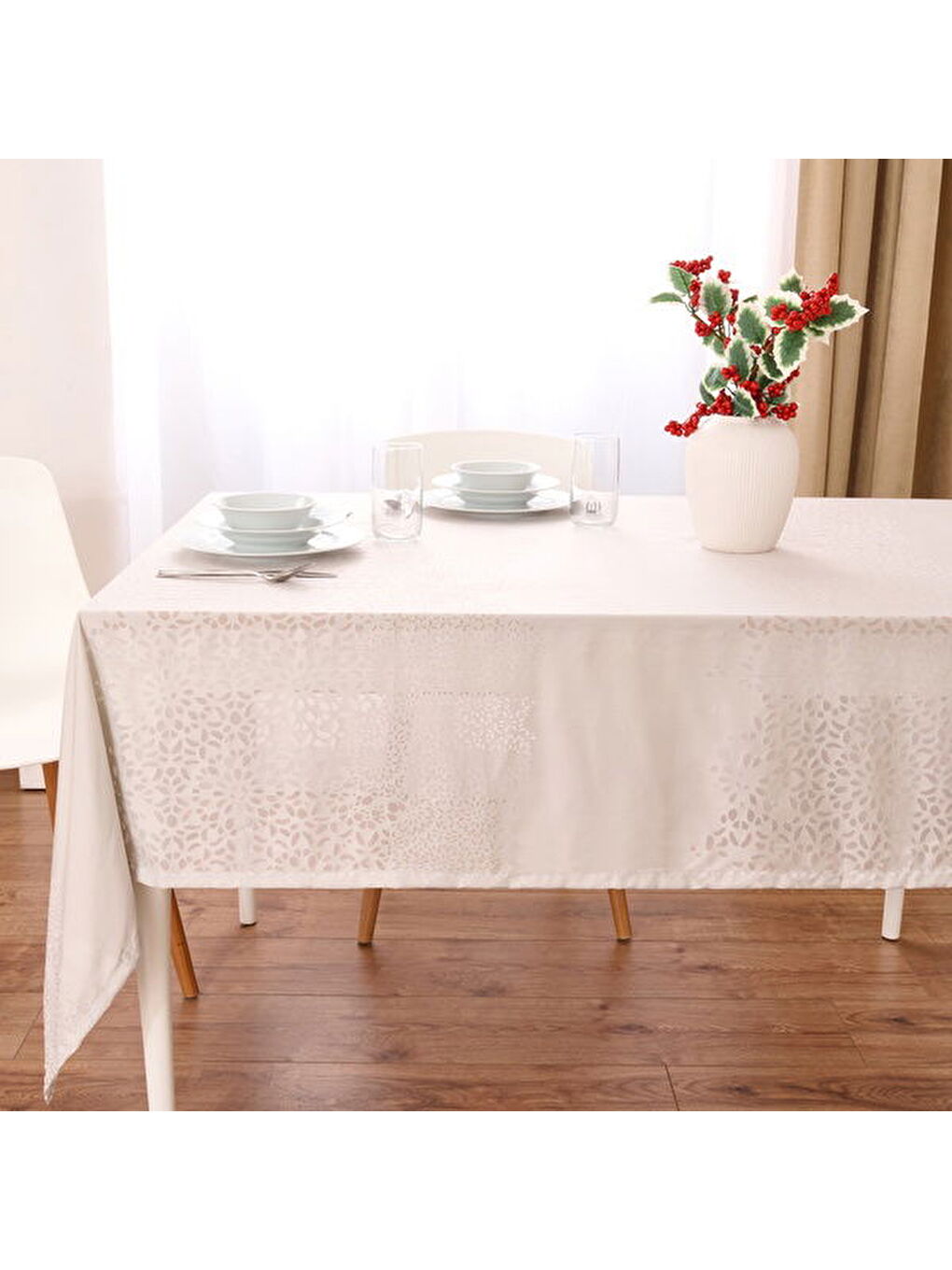 Soft Floral Devore Masa Örtüsü - Gri - 140x200 cm-7