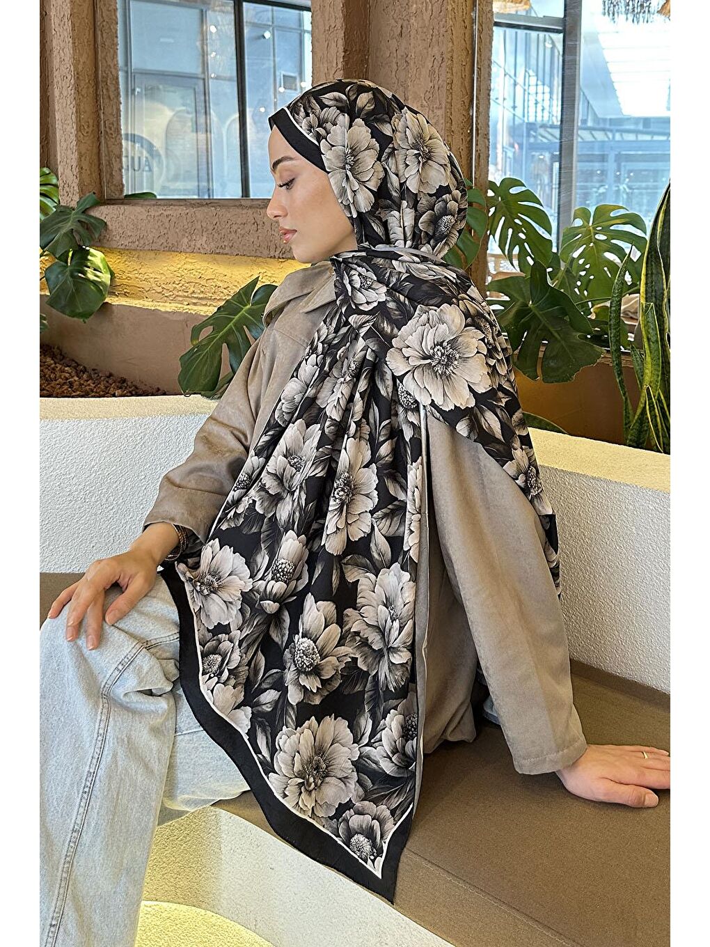 Lotus Desen Bambu Şal Siyah Vizon-3