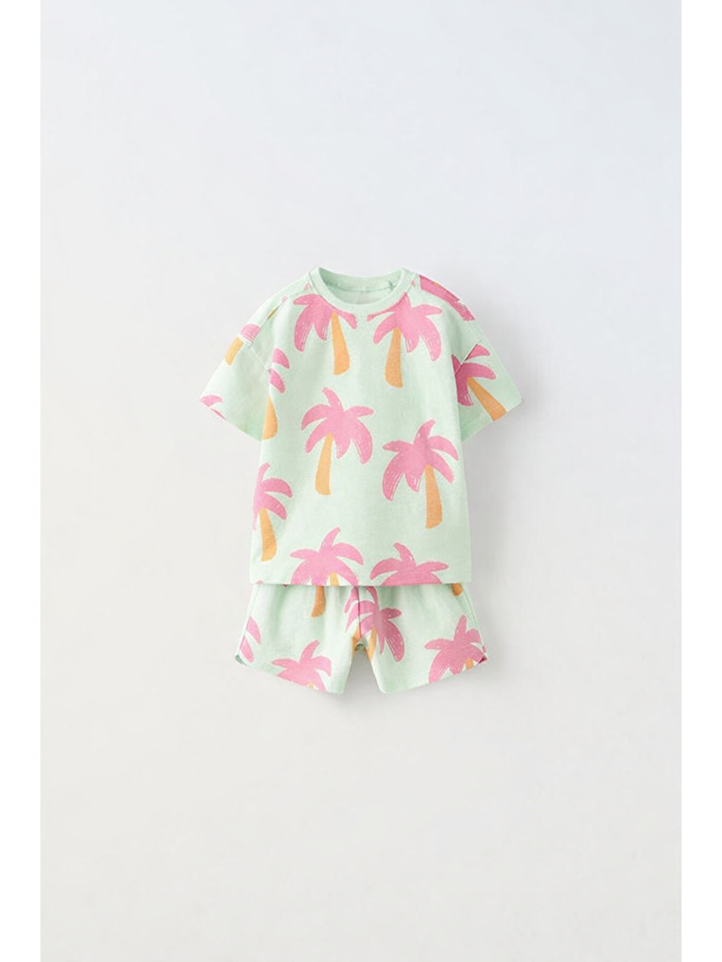 Yeşil Kız Çocuk Mint Palmiye Baskılı Şortlu Alt Üst Takım-1