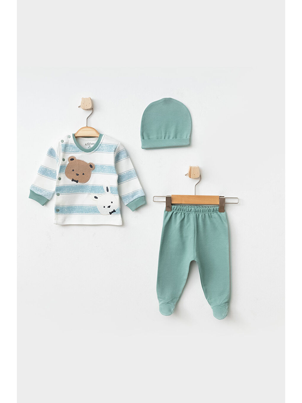 Yeşil Erkek Bebek Animal Nakışlı Hırka Pantolon Bere 3 'lü Alt Üst Bebek Takımı 0 Ay - 6 Ay