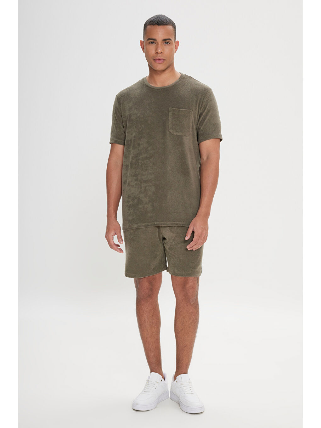 Erkek Haki Slim Fit Dar Kesim Pamuklu Havlu Kumaş Bisiklet Yaka Tişört-1