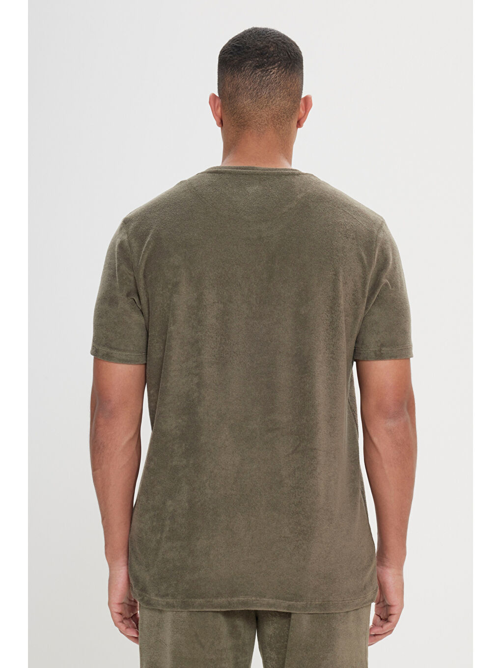 Erkek Haki Slim Fit Dar Kesim Pamuklu Havlu Kumaş Bisiklet Yaka Tişört-3