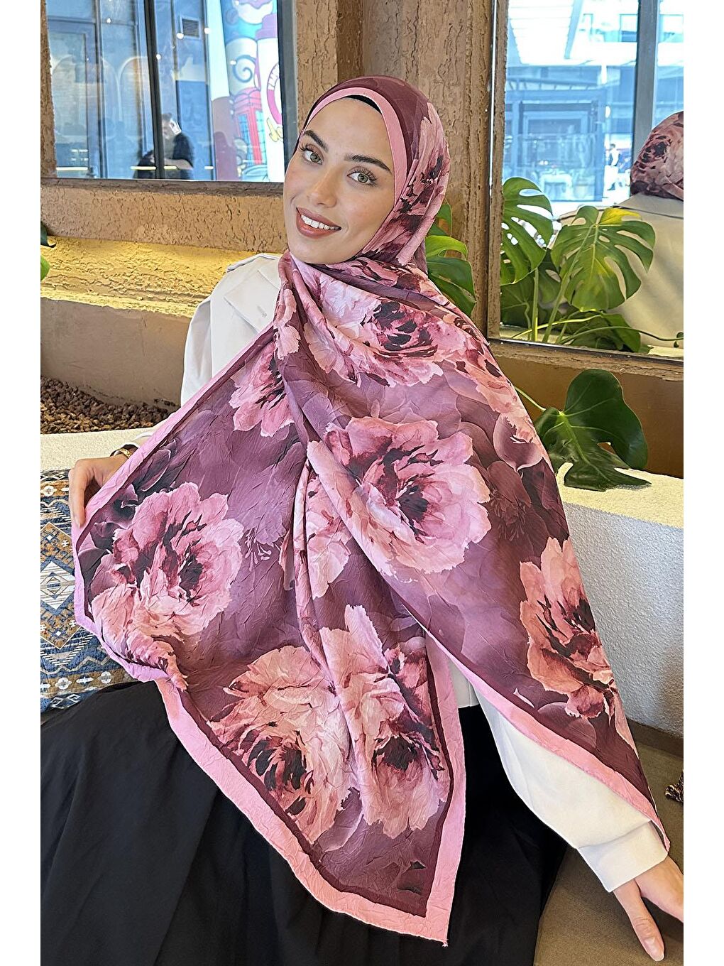 Flower Desen Bambu Şal Şeker Pembesi-1