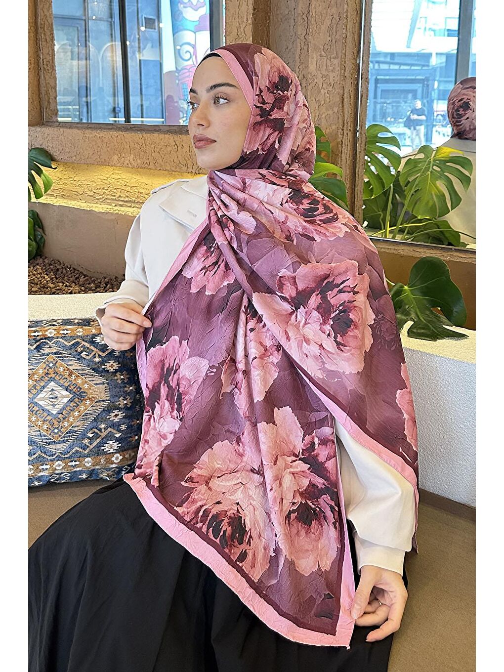 Flower Desen Bambu Şal Şeker Pembesi-2