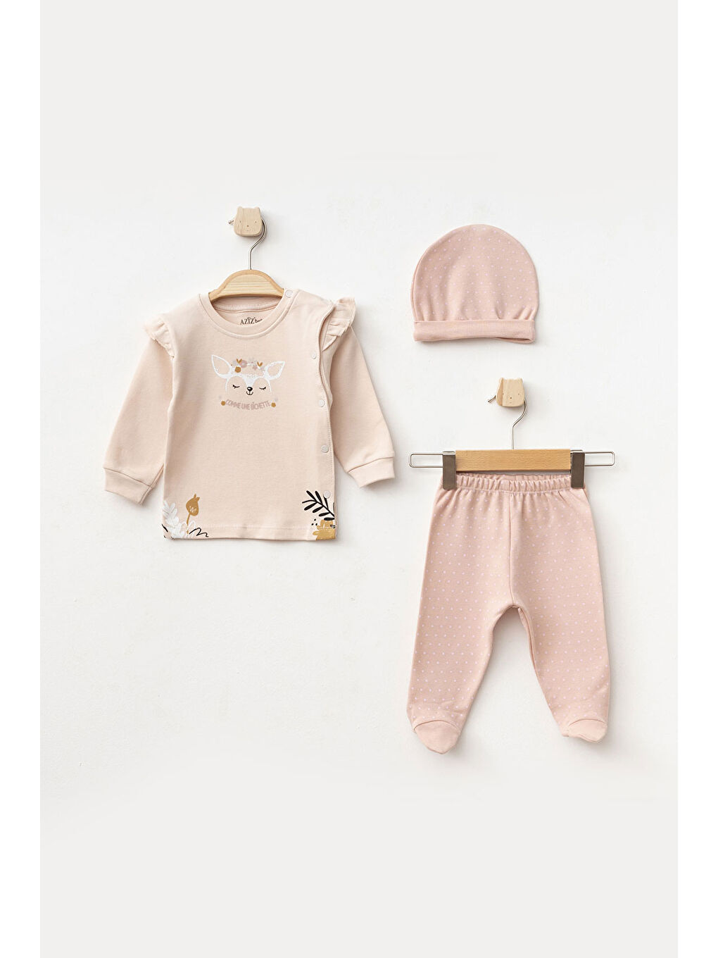 Pembe Kız Bebek Animal Desenli Zıbın Pantolon Bere 3'lü Alt Üst Bebek Takımı 0 Ay-6 Ay