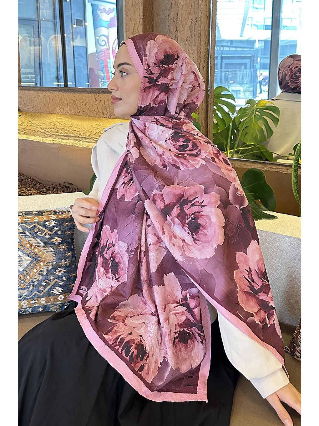 Flower Desen Bambu Şal Şeker Pembesi-3