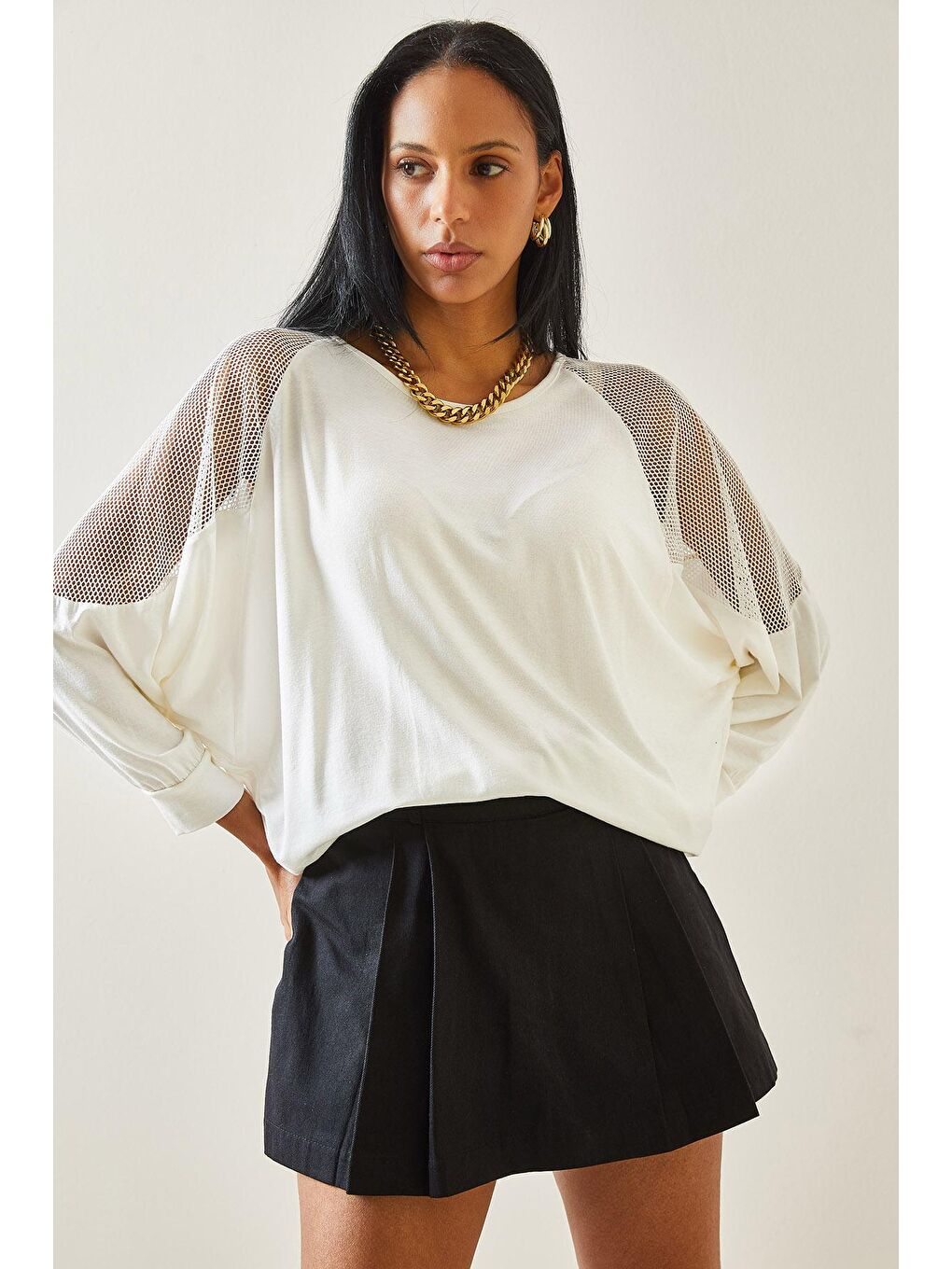 Beyaz File Detaylı Yarasa Kol Bisiklet Yaka Bluz 5YXK8-48252-01