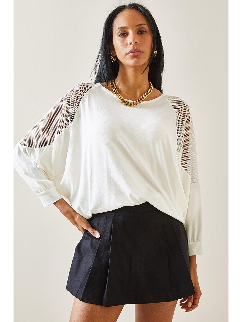 Beyaz File Detaylı Yarasa Kol Bisiklet Yaka Bluz 5YXK8-48252-01-1