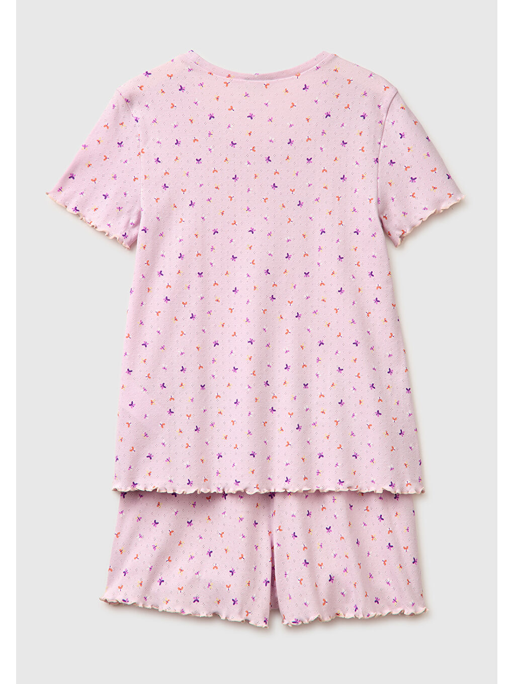 Kadın Pembe %100 Pamuk Fırfır Detaylı Desenli Pijama Takımı-1