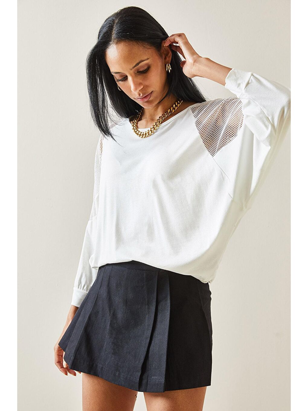 Beyaz File Detaylı Yarasa Kol Bisiklet Yaka Bluz 5YXK8-48252-01-2