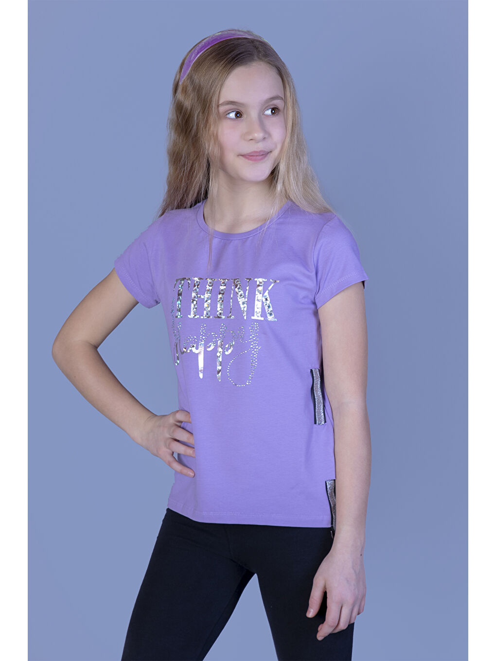 Lila Kız Çocuk Baskılı Taş İşlemeli Yanı Şerit Detaylı Tişört