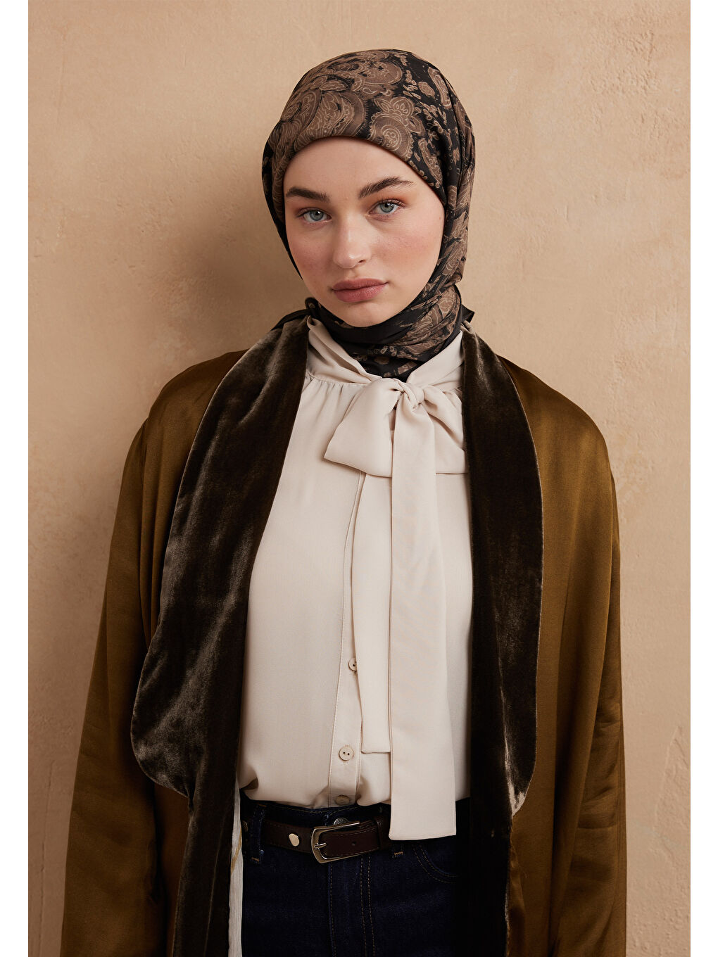 Kahverengi Freda Desen Pamuk İpek Eşarp Sütlü Kahve-2