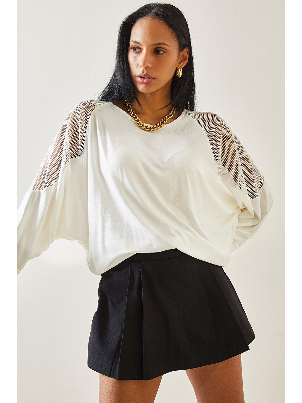 Beyaz File Detaylı Yarasa Kol Bisiklet Yaka Bluz 5YXK8-48252-01-3