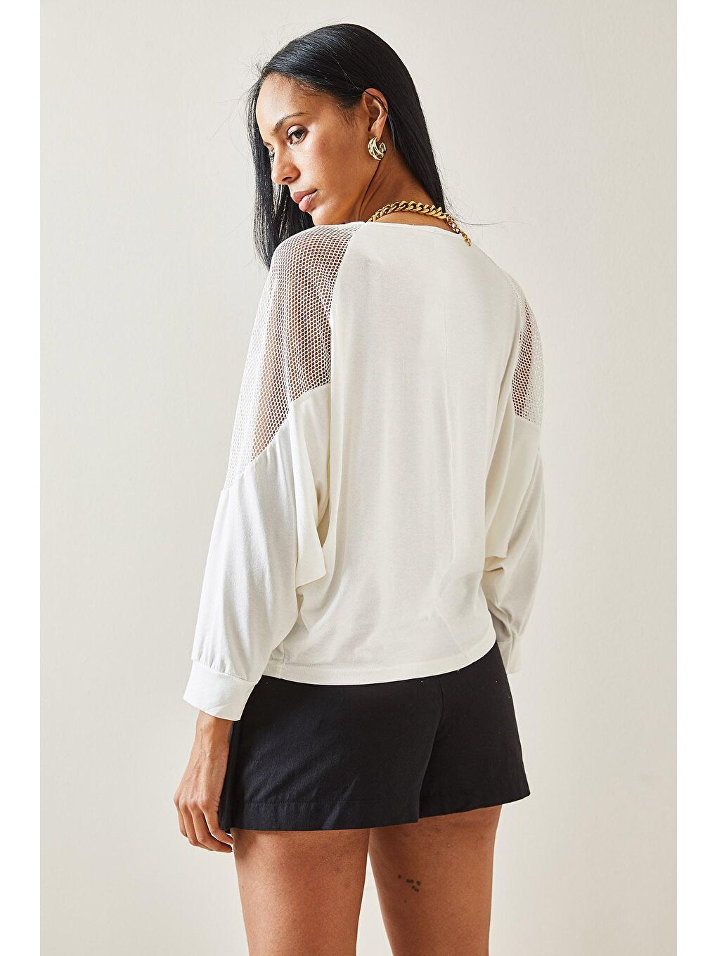 Beyaz File Detaylı Yarasa Kol Bisiklet Yaka Bluz 5YXK8-48252-01-4