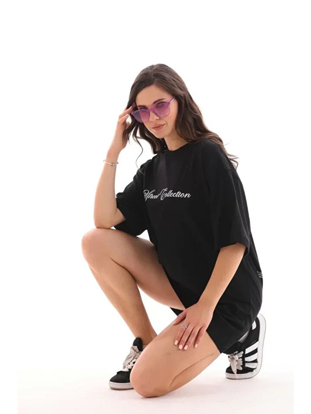 Unisex Bisiklet Yaka Baskılı Oversize T-Shirt - Siyah-2