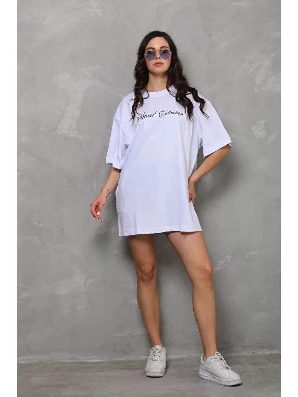Unisex Bisiklet Yaka Baskılı Oversize T-Shirt - Beyaz-2