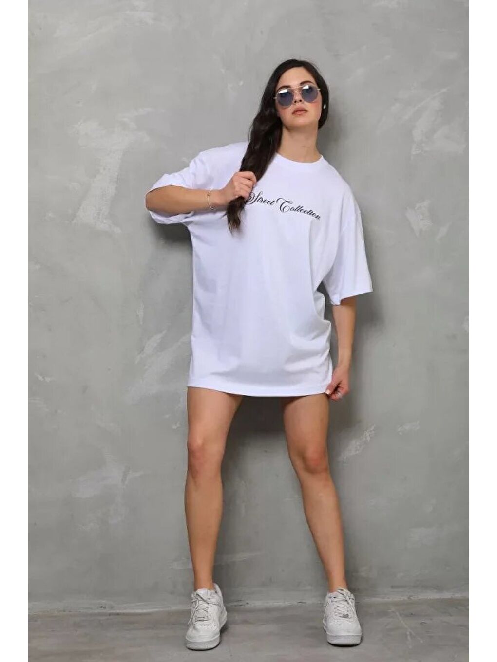 Unisex Bisiklet Yaka Baskılı Oversize T-Shirt - Beyaz-3