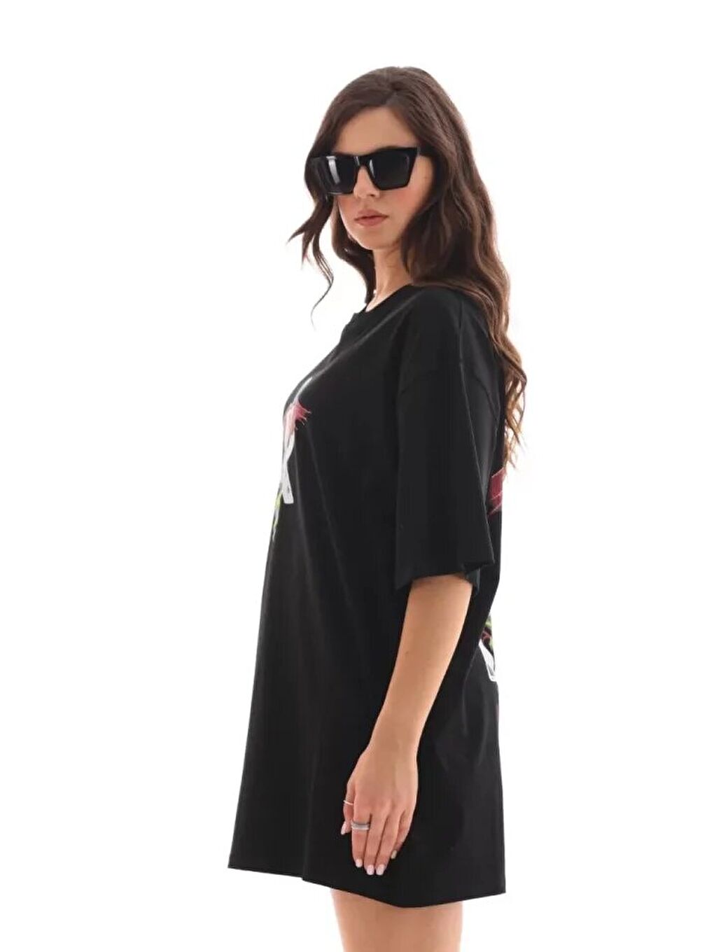 Unisex Bisiklet Yaka Baskılı Oversize T-Shirt - Siyah-1