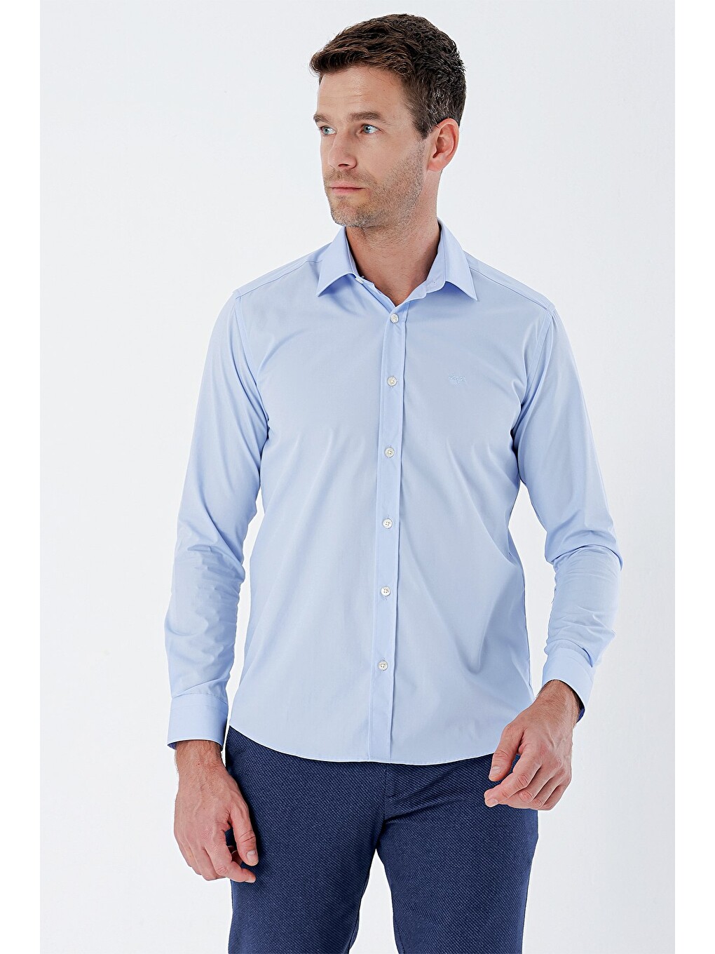 Mavi Uzun Kollu Bez Ayağı Sert Yaka Cepsiz Pamuklu Basic Slim Fit Dar Kesim Gömlek 1004235357