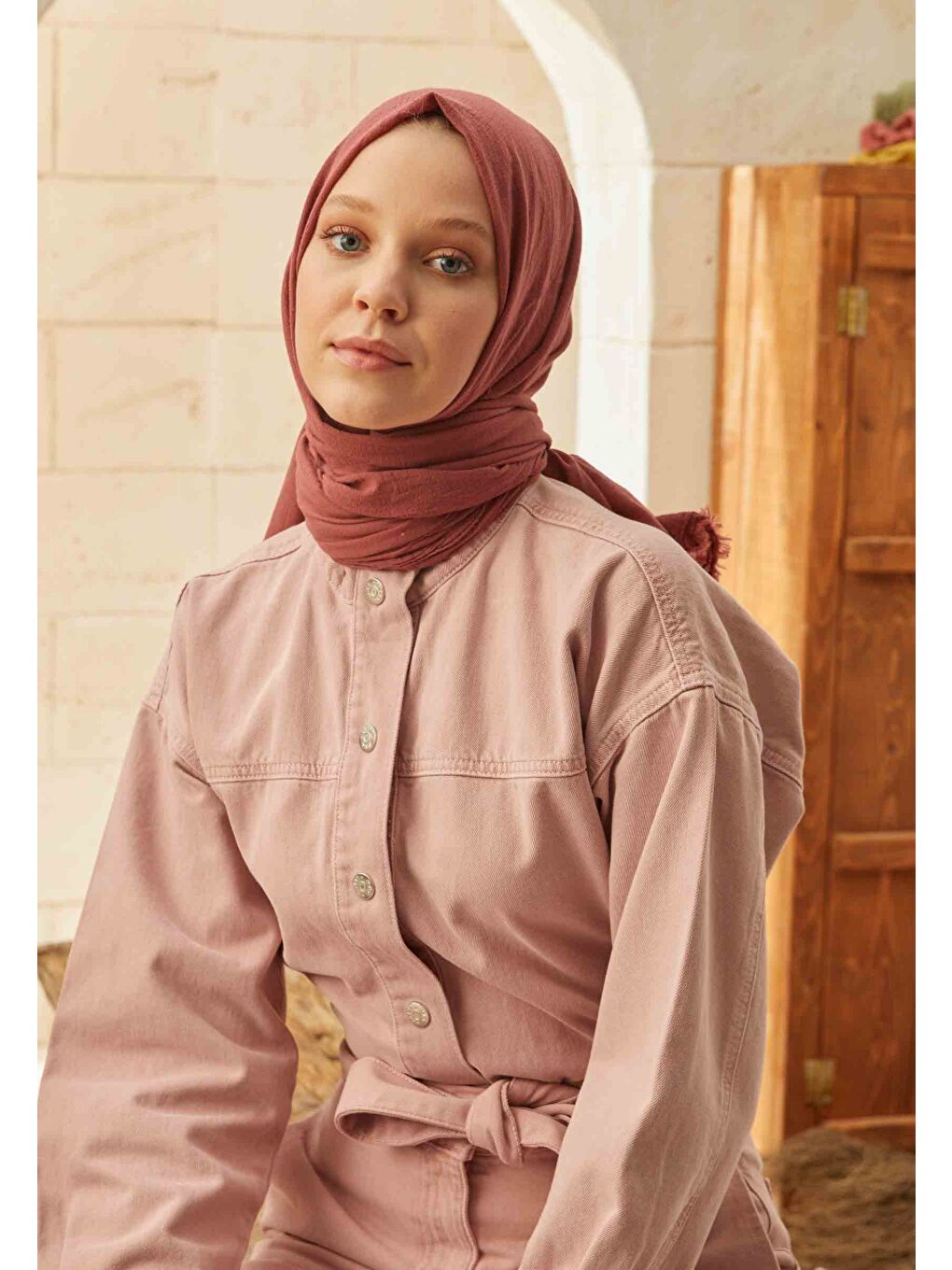 Pembe Organik Pamuk Şal Koyu Gül