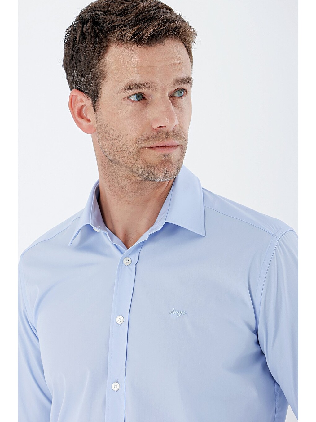 Mavi Uzun Kollu Bez Ayağı Sert Yaka Cepsiz Pamuklu Basic Slim Fit Dar Kesim Gömlek 1004235357-1
