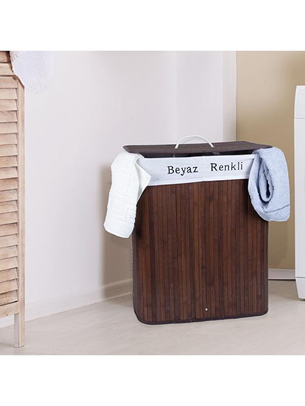 Bambu Çift Hazneli Çamaşır Sepeti - Koyu Kahverengi-1