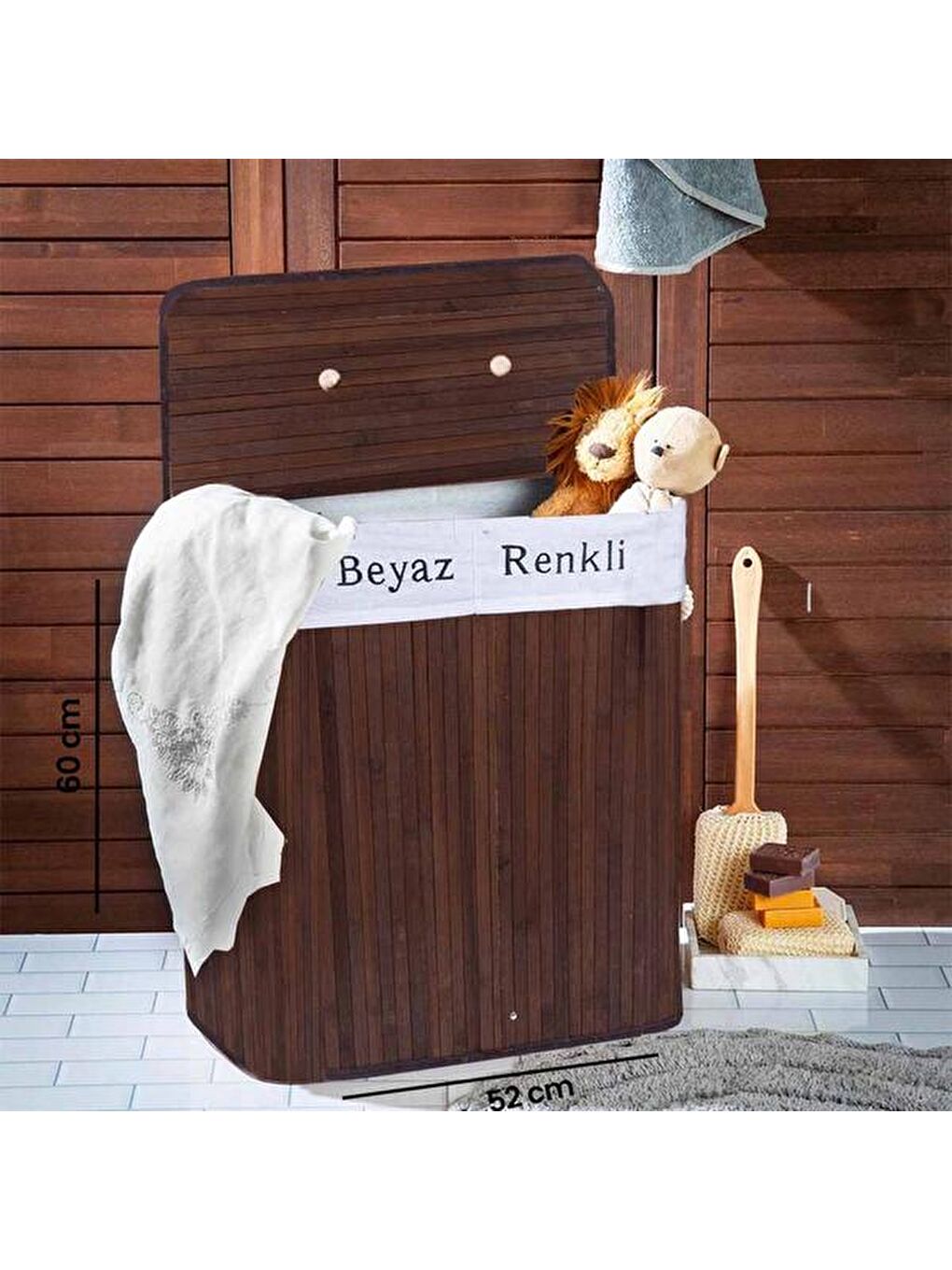 Bambu Çift Hazneli Çamaşır Sepeti - Koyu Kahverengi-3