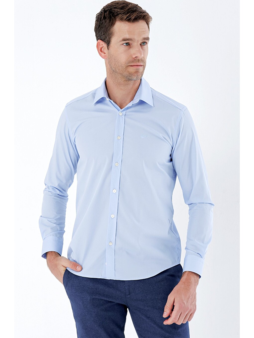 Mavi Uzun Kollu Bez Ayağı Sert Yaka Cepsiz Pamuklu Basic Slim Fit Dar Kesim Gömlek 1004235357-2