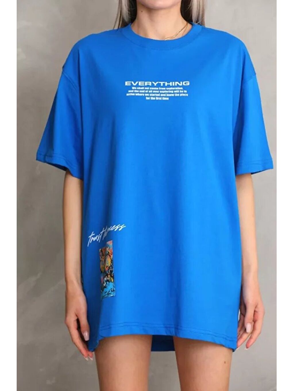 Unisex Bisiklet Yaka Baskılı Oversize T-Shirt - Mavi-1