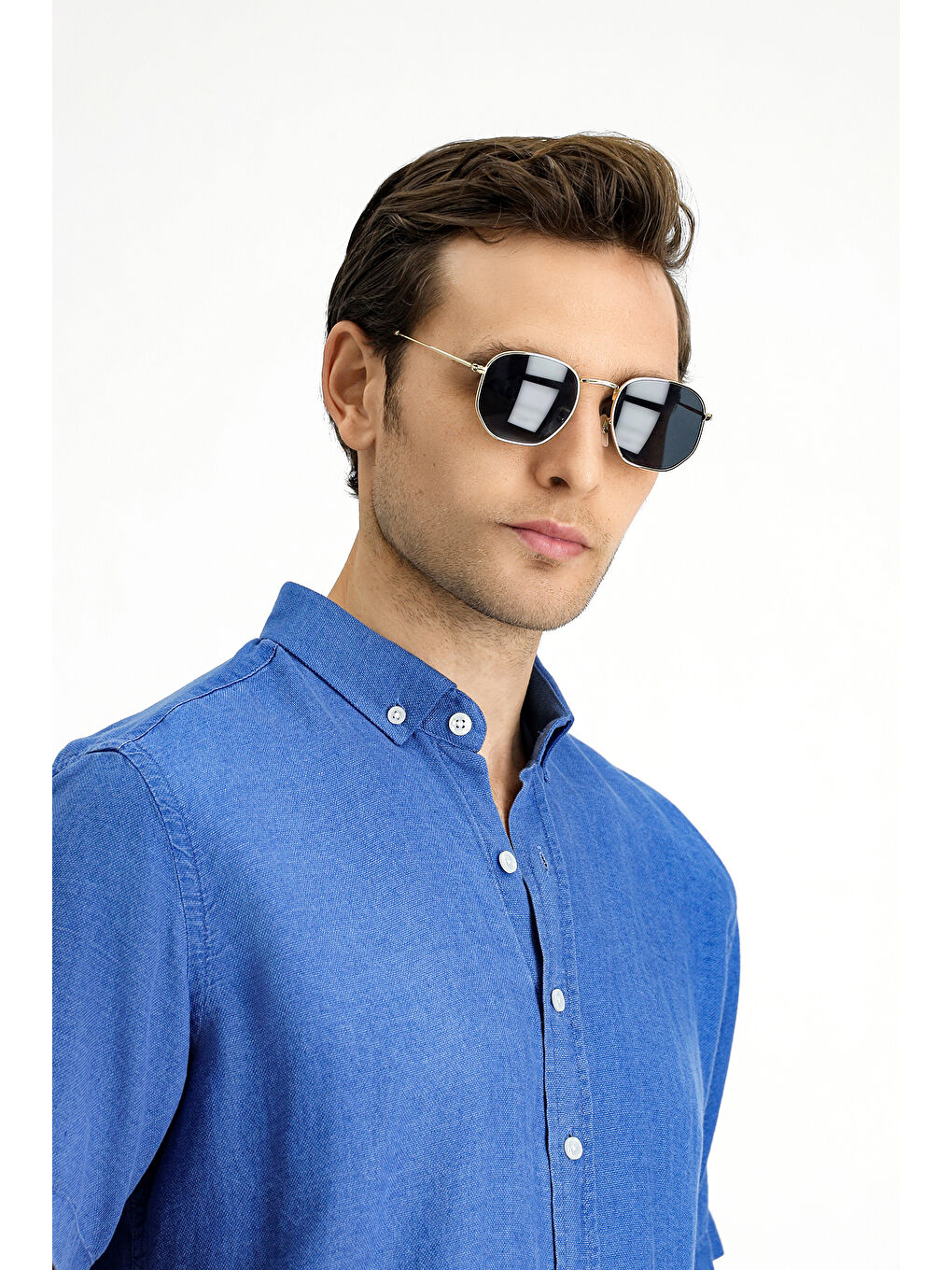 Lacivert Kısa Kol Regular Fit Spor Düğmeli Yaka Denim Görünümlü Gömlek-1