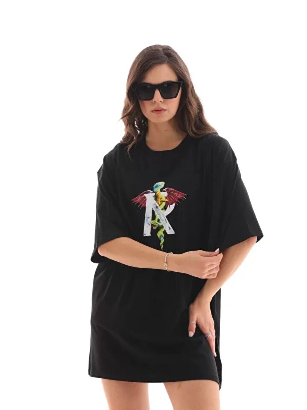 Unisex Bisiklet Yaka Baskılı Oversize T-Shirt - Siyah-2