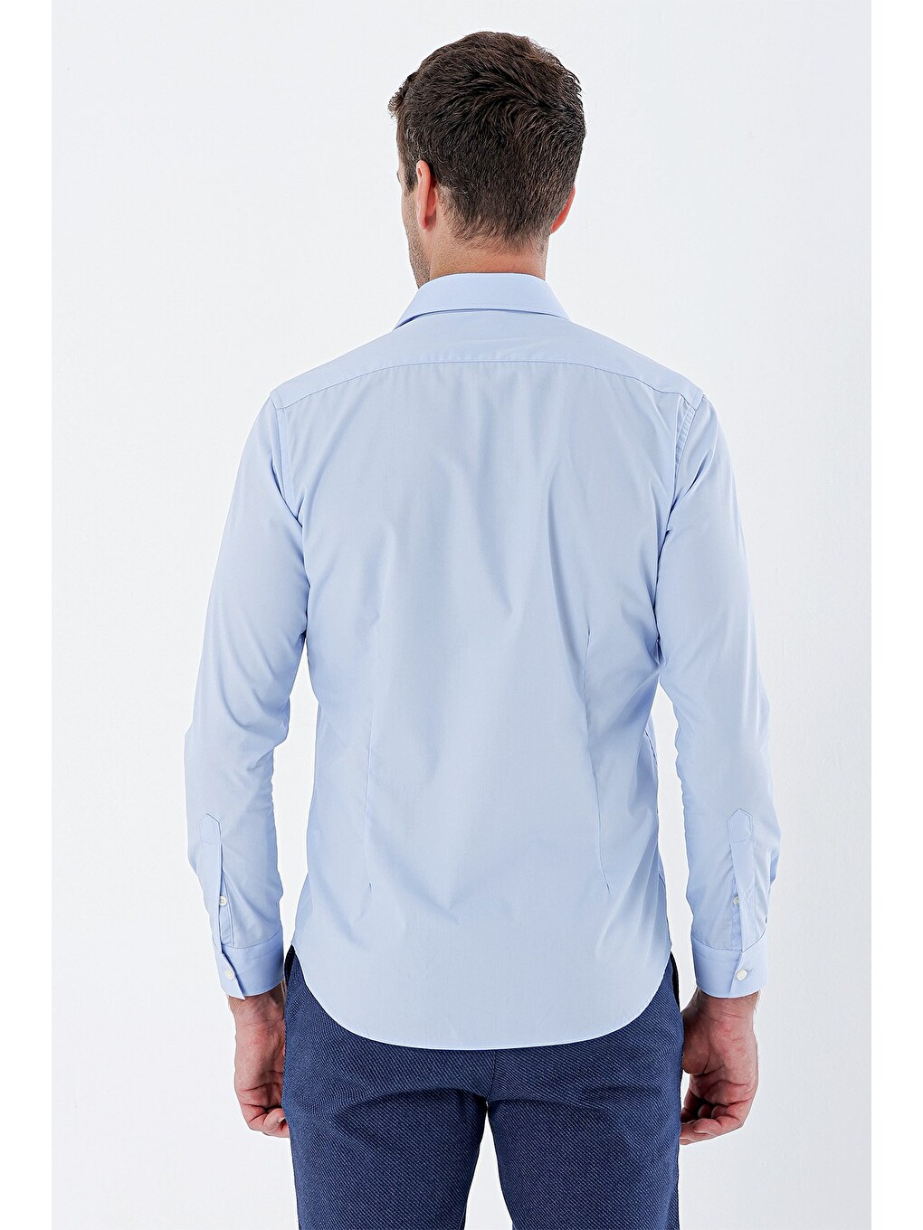 Mavi Uzun Kollu Bez Ayağı Sert Yaka Cepsiz Pamuklu Basic Slim Fit Dar Kesim Gömlek 1004235357-5