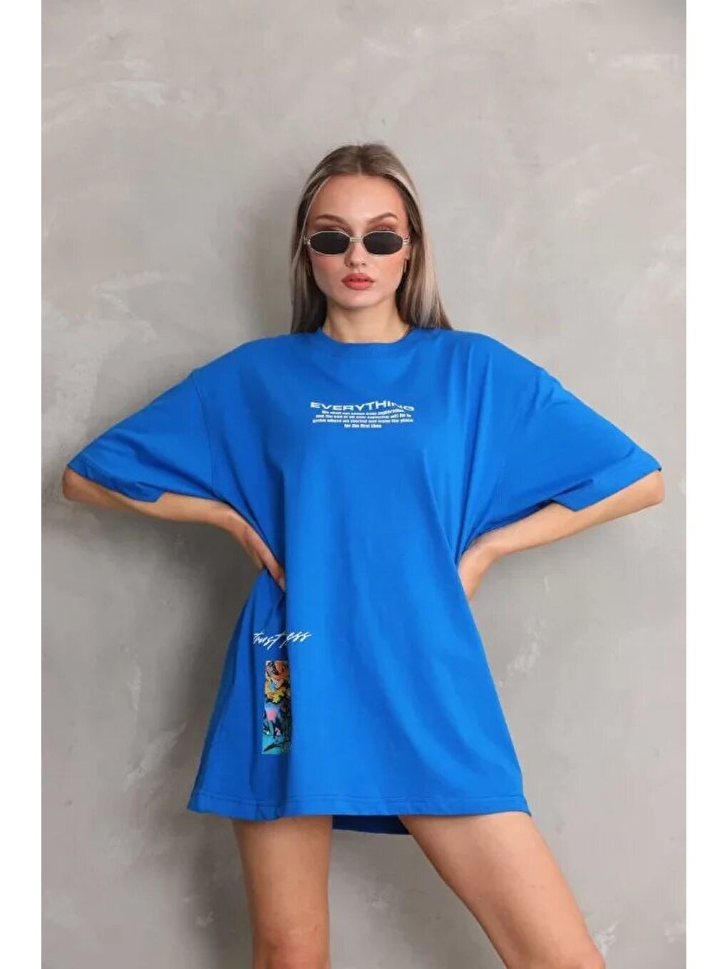 Unisex Bisiklet Yaka Baskılı Oversize T-Shirt - Mavi-2