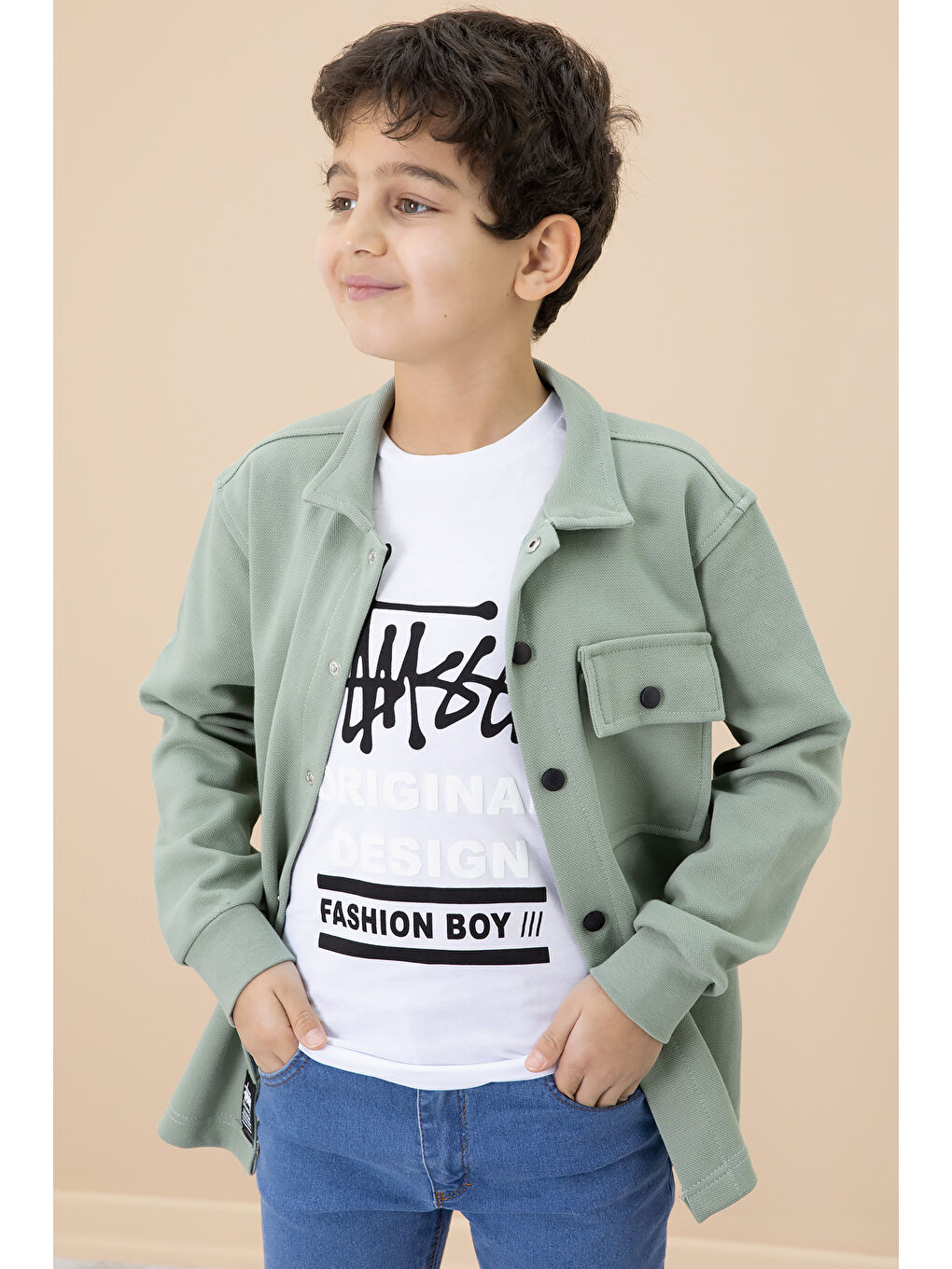 Yeşil Yazı Baskılı Tişörtlü Gömlekli Erkek Çocuk Takım 20004-3