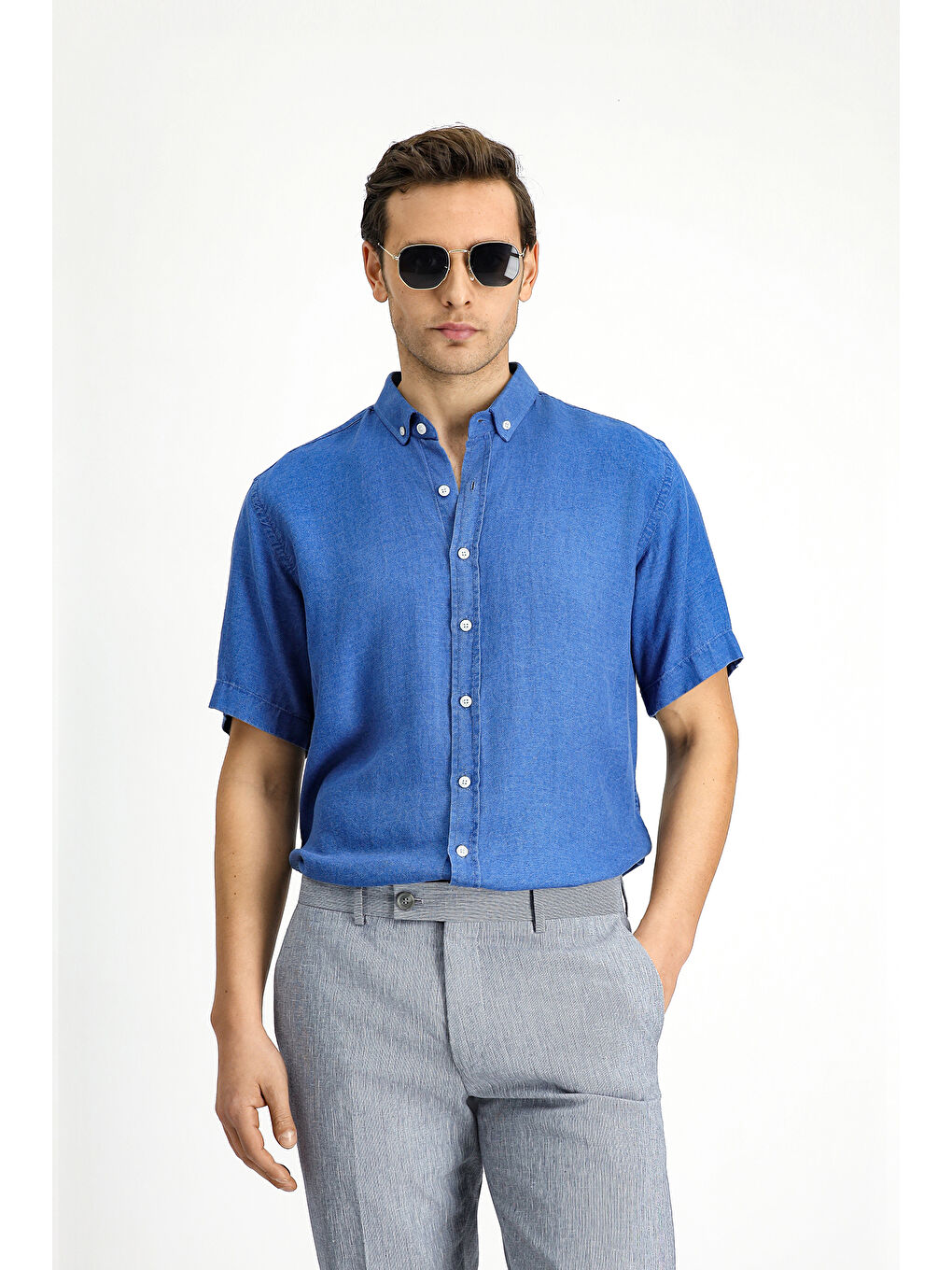 Lacivert Kısa Kol Regular Fit Spor Düğmeli Yaka Denim Görünümlü Gömlek