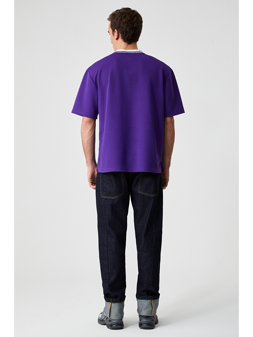 Mor PAMPA Erkek Baskı Detaylı Relaxed V Yaka Kısa Kol MOR T-Shirt-3