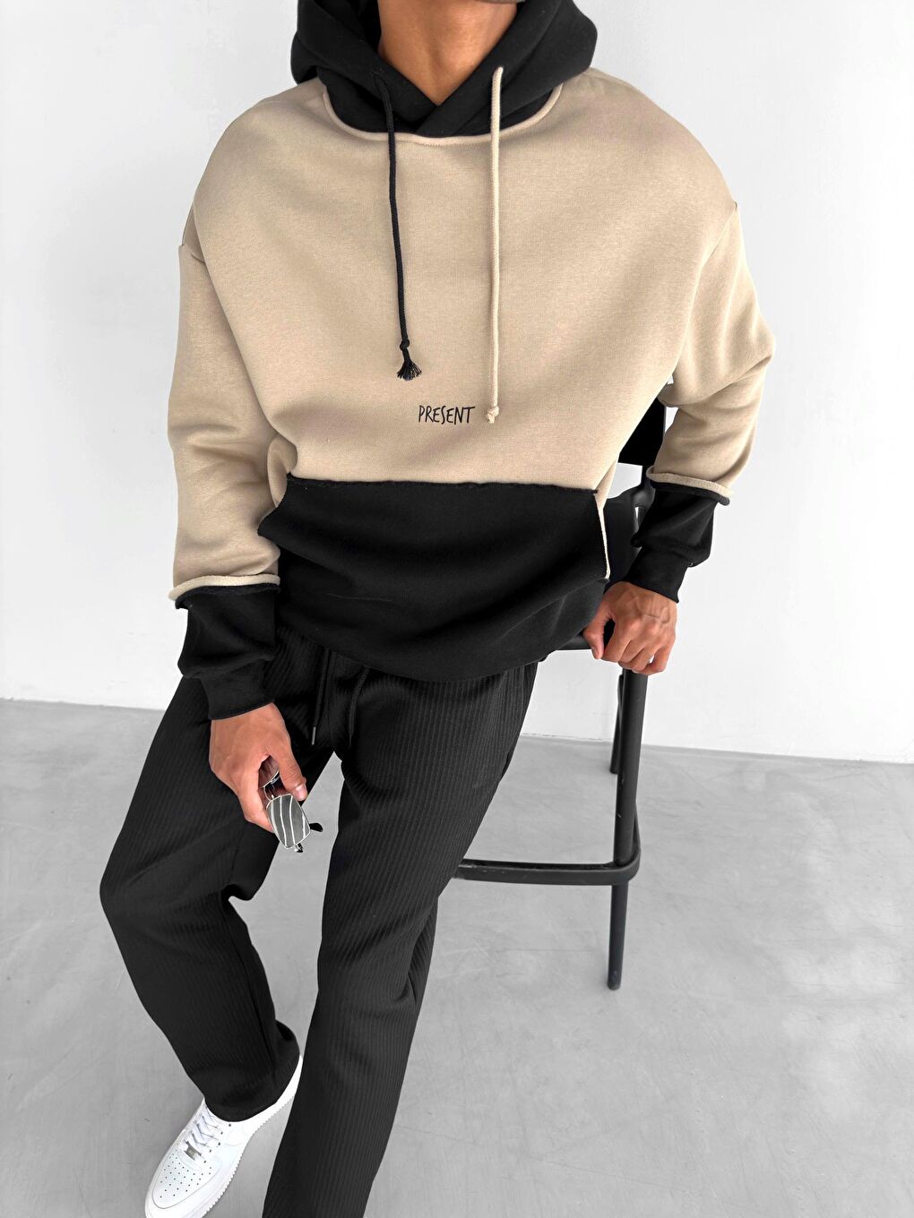 ablukaonline Kahverengi Erkek Oversize Çift Renkli Kapüşonlu Sweatshirt Kahverengi