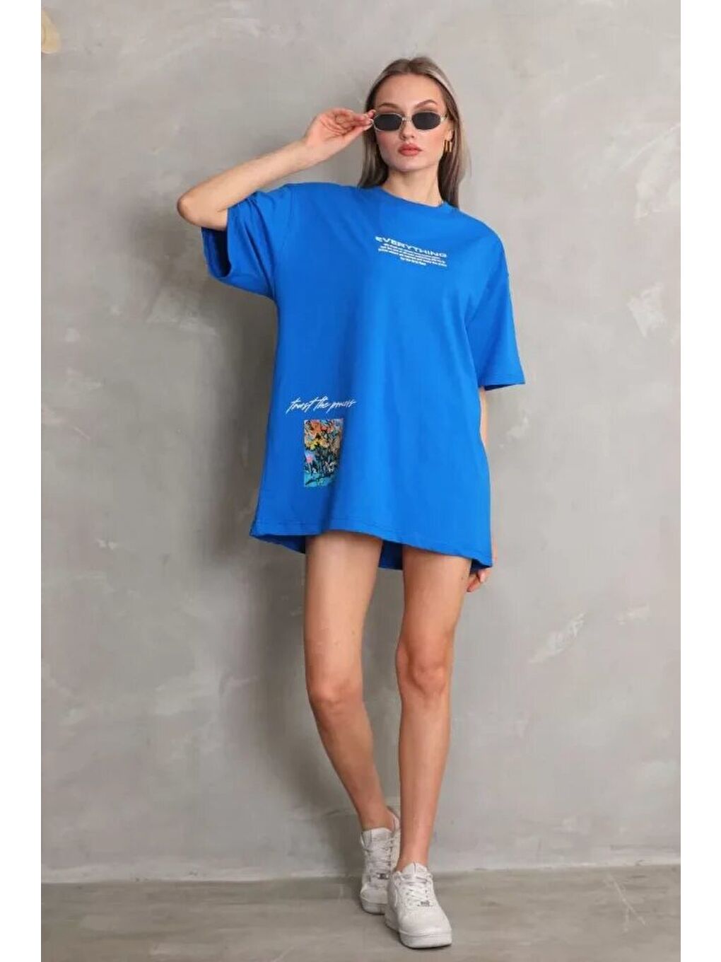 Unisex Bisiklet Yaka Baskılı Oversize T-Shirt - Mavi-3