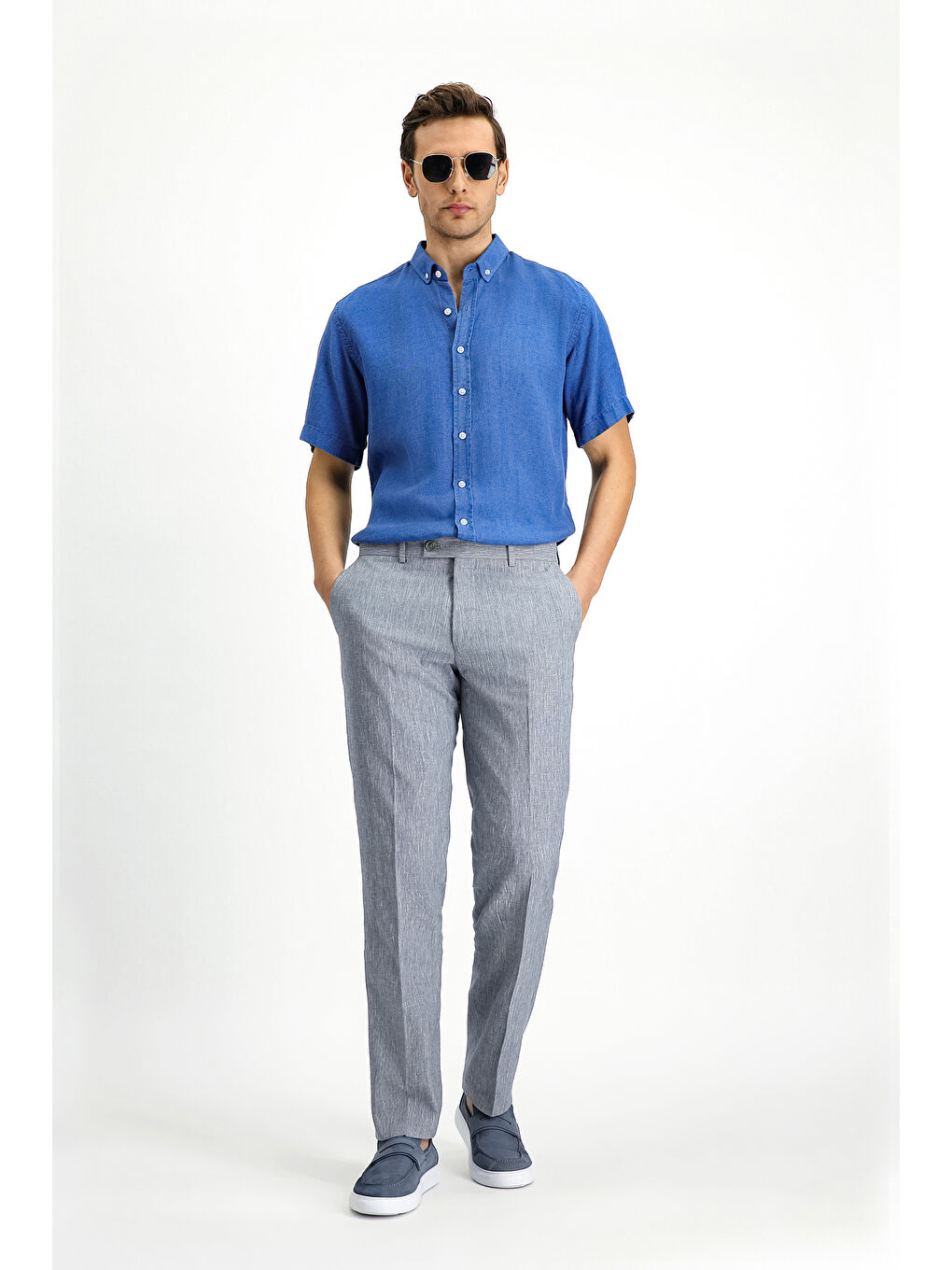 Lacivert Kısa Kol Regular Fit Spor Düğmeli Yaka Denim Görünümlü Gömlek-2