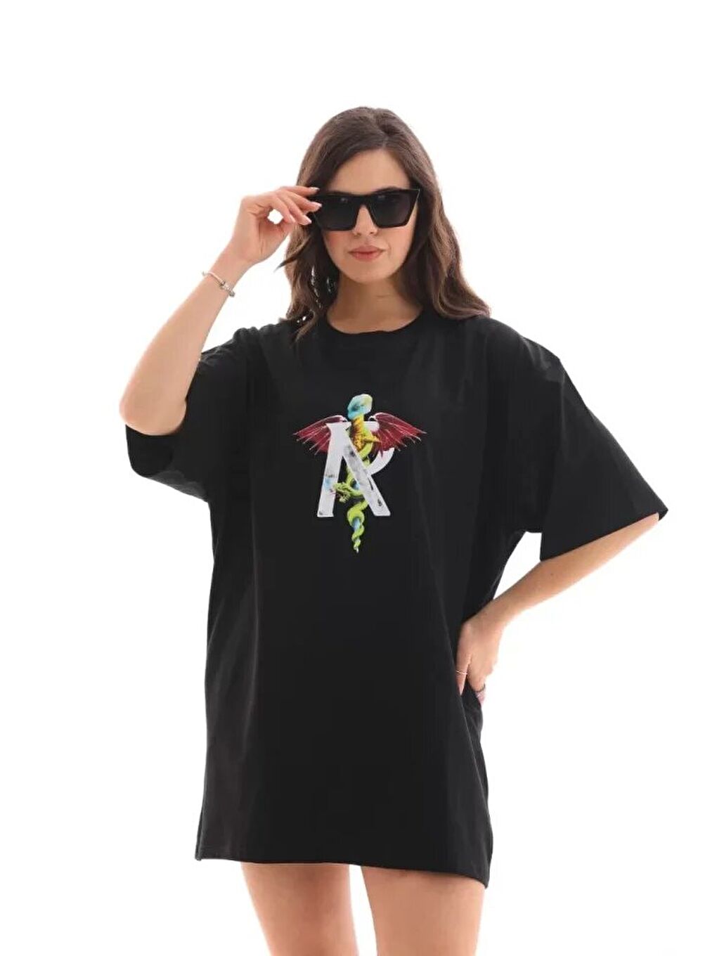 Unisex Bisiklet Yaka Baskılı Oversize T-Shirt - Siyah-3