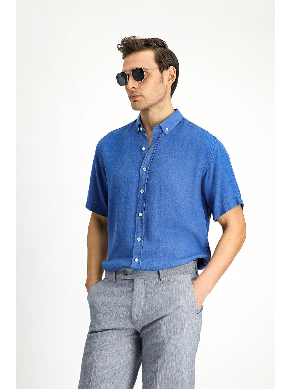 Lacivert Kısa Kol Regular Fit Spor Düğmeli Yaka Denim Görünümlü Gömlek-3